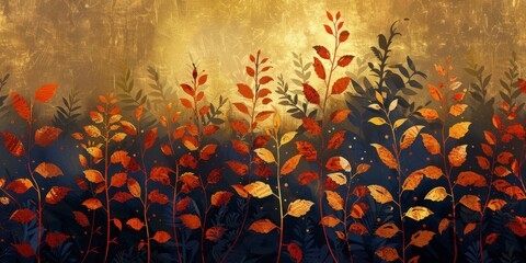 Red and Yellow Leaves Painting on Black Background