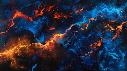 Electric blue streaks intermingling with fiery reds and oranges, creating a dynamic burst of energy agnst the backdrop of midnight.