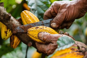 The diligent work of a cocoa farmer, expertly harvesting ripe yellow cocoa pods with pruning shears, showcasing the heart of the agricultural cocoa business - obrazy, fototapety, plakaty