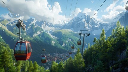 The cable car floats over a green valley against the backdrop of snow-capped mountains and small villages at the foot.