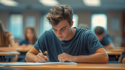 A young male student with glasses engrossed in writing during a classroom exam. - obrazy, fototapety, plakaty