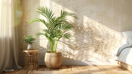 A tranquil bedroom setting with a wooden floor, showcasing a lush Areca palm in a rattan planter against a subtly patterned wall mockup. A sleek wooden table adds a touch of sophistication. 8K - obrazy, fototapety, plakaty