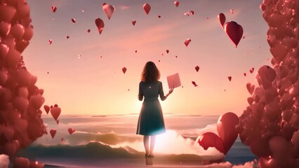 A woman finds solace as she stands in the water, surrounded by an abundance of vibrant hearts, A love letter being sent off with Valentine's Day heart balloons, AI Generated