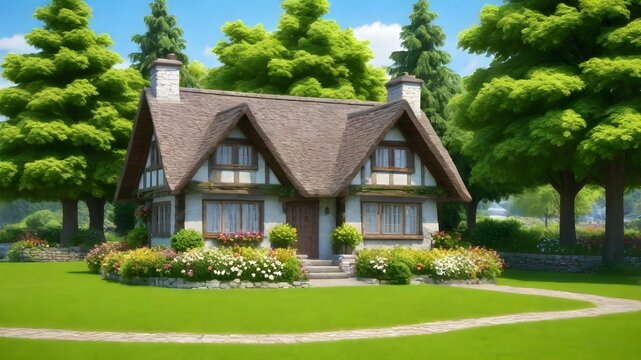 Green grass, tree, flower, cottage, rustic, residential district