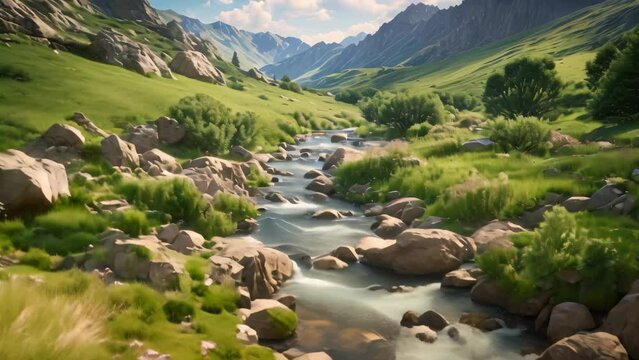 A picturesque stream winds its way through a lush green valley, creating a soothing and refreshing scene of natural beauty, A lush valley filled with wildflowers and a bubbling brook, AI Generated