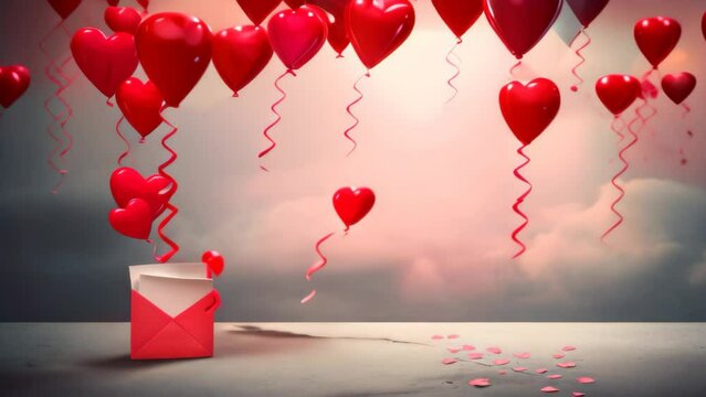 A red envelope is bursting with joy as multiple red hearts float out, symbolizing love and affection, A love letter being sent off with Valentine's Day heart balloons, AI Generated