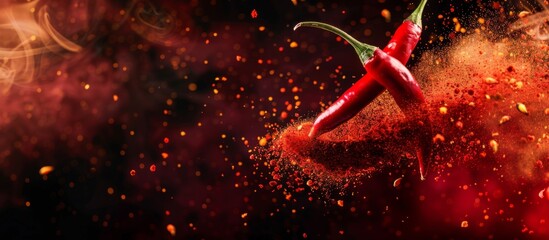 Red chili pepper floating in mid-air surrounded by swirling dust particles - obrazy, fototapety, plakaty