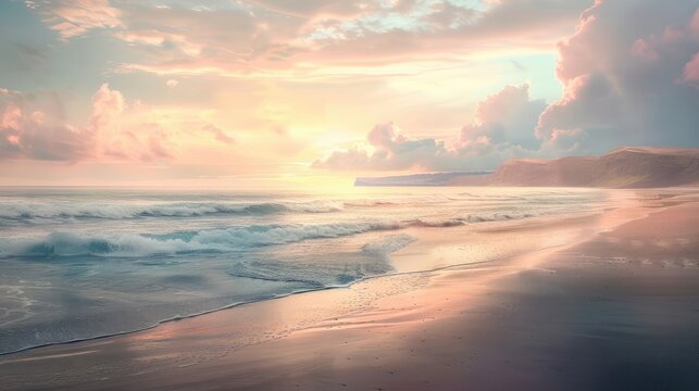 A secluded beach at dawn, where the sky is painted in soft pastel hues, and the gentle waves lap against the shore, creating a tranquil scene.