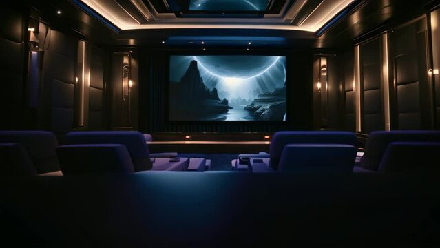 An image capturing the simplicity of an empty theater featuring two recliners and a projector screen, A luxury personal home cinema with plush seating and a big screen, AI Generated