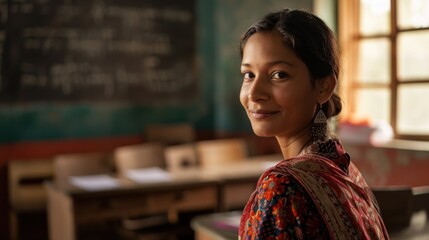 A female Indian teacher in a sari stands in front of the class. - Powered by Adobe