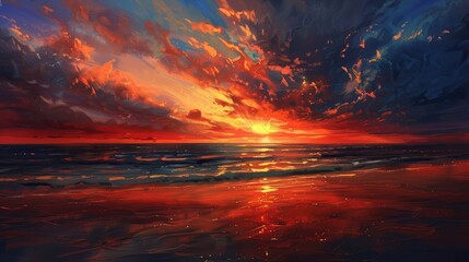 A secluded beach at dusk, where the sky is ablaze with fiery hues of orange and red, and the tranquil sea reflects the colors of the setting sun. - obrazy, fototapety, plakaty