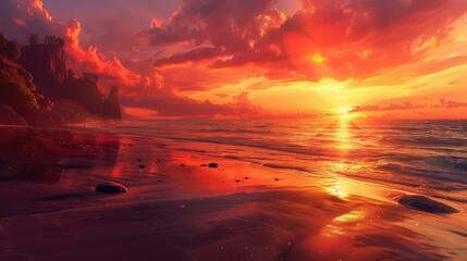 A secluded beach at dusk, where the sky is ablaze with fiery hues of orange and red, and the tranquil sea reflects the colors of the setting sun.