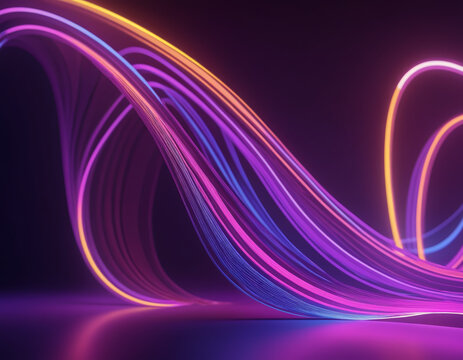 A digital artwork featuring a dynamic wave in varying shades of purple, creating a sense of movement and energy. The wave appears to be in motion, flowing and undulating against a dark background