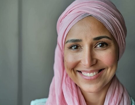 Portrait of Hope and Resilience: Smiling Cancer Survivor in Pink Headscarf Post-Chemotherapy Treatment