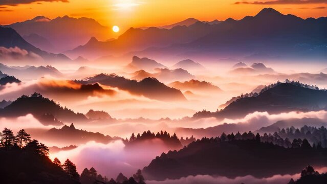 This captivating image showcases a breathtaking mountain range enveloped in dense fog, A misty mountain range with the sunrise illuminated in the background, AI Generated
