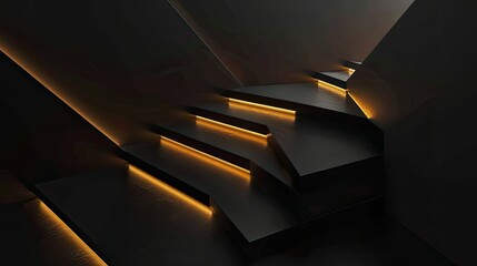 Black background with golden light and geometric shapes in modern design style. A staircase carved...