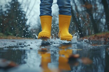 Feet of child in yellow rubber boots jumping over puddle in rain , feets closeup