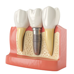 Detailed medical illustration of a dental implant in the jawbone isolated on transparent background