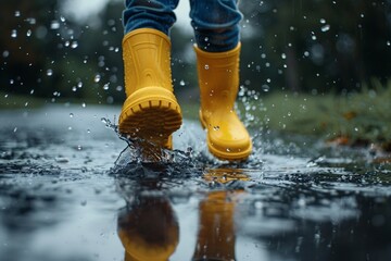 Feet of child in yellow rubber boots jumping over puddle in rain , feets closeup - Powered by Adobe
