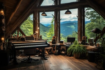 Recording studio, A rustic recording studio in a log cabin amidst mountains, AI generated