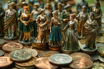 Fototapeta na wymiar Miniature people with a pile of coins. The concept of women's economic inequality.