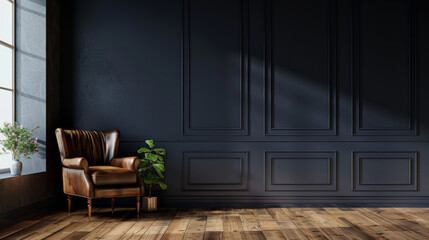 living room with armchair, leather armchair, copy space