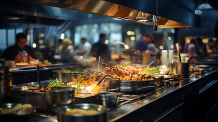 Process of cooking on the big steel kitchen of a restaurant. Concept of food industry. People in the uniform in process of cooking