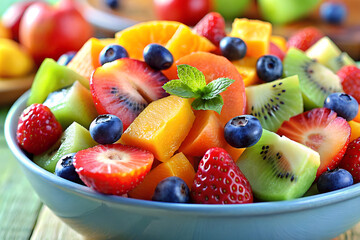 A close-up of a colorful bowl of fresh fruit salad.