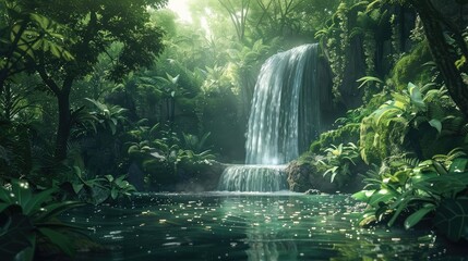 A secluded waterfall hidden deep within a lush jungle, its cascading waters a symphony of sound and movement in the wilderness.