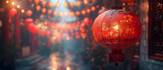 Chinese New Year celebrated with lanterns and decorations in Chinatown. Concept Chinese New Year,...