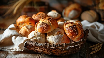 A wicker basket filled with various types of fresh baked bread.