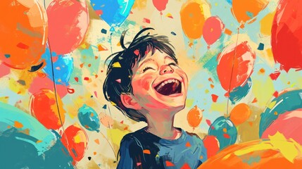 Watercolor of a happy little boy with dark hair surrounded by colorful balloons of different sizes and bright colors. The background is a splash of color, mostly in shades of blue, orange and red. - obrazy, fototapety, plakaty