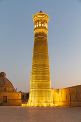Night time view of the minaret at the Kalan Mosque in Bukhara. - 776226649