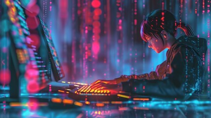 A hacker girl sits in front of a computer and types on the keyboard. She has dark hair and wears glasses. The room is dark, the computer screen is on. The background is a cityscape with neon lights.
