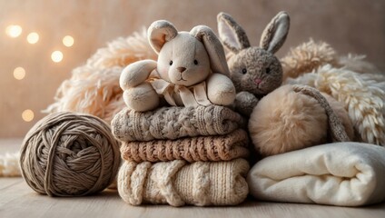 Warm, soft plush bunnies and knitted items creating a cozy, homely atmosphere - obrazy, fototapety, plakaty