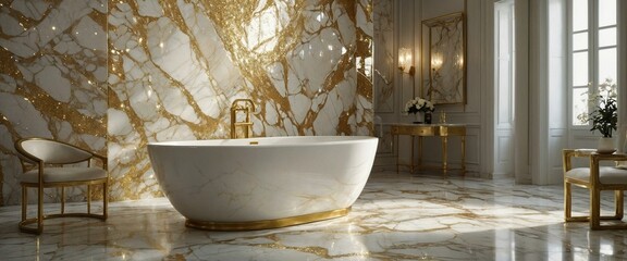 An opulent bathroom showcases a freestanding bathtub with golden details against marble walls with golden veins, exuding luxury and elegance