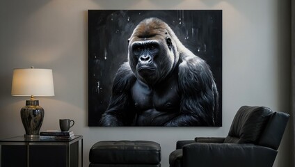Room, Artistic representation of a gorilla in deep contemplation, invoking thoughts on primate intelligence and emotion
