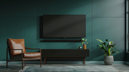 modern living room with tv, dark green wall, mockup, copy space - obrazy, fototapety, plakaty