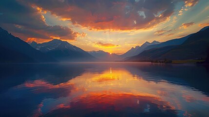 Fototapeta na wymiar A serene lake reflecting the surrounding mountains and the fiery hues of a setting sun, creating a stunning symphony of colors and light.