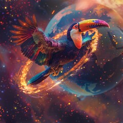 A vibrant toucan using echolocation, soaring over a planetary ring where fission sparks light up, amidst an interstellar high jump competition - obrazy, fototapety, plakaty