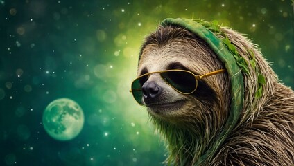 Fototapeta premium A quirky illustration of a sloth in outer space with sunglasses and a leafy headband, with a moon backdrop