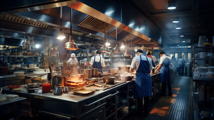 Process of cooking on the big steel kitchen of a restaurant. Concept of food industry. People in...
