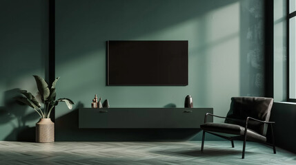 modern living room with tv, dark green wall, mockup, copy space