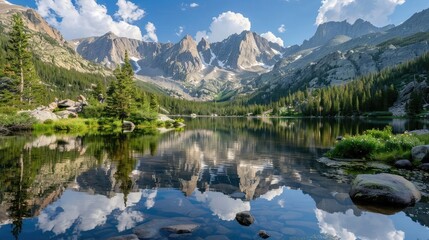 A serene mountain lake reflecting the towering peaks that encircle it, a mirror of pristine beauty in the heart of the wilderness.