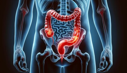Visual Guide - Medical Illustration. A detailed medical illustration set against a dark blue backdrop, showcasing the inflamed appendix indicative of appendicitis. - obrazy, fototapety, plakaty