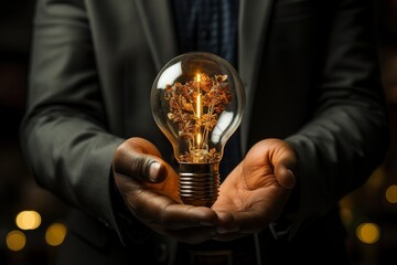 minimalistic design Businessman holding lightbulb and glowing dollar sign for creative thinking idea