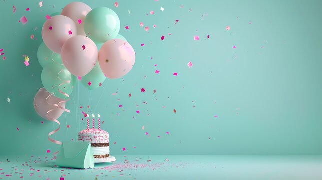 Birthday zone with pink silver turquoise baloons and birthday cake Envelope with party streamers and confetti on turquoise background