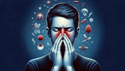Allergic Reaction and Immune Response Medical Illustration. Anatomical depiction of a person experiencing an allergic reaction, with immune system elements and allergens. - obrazy, fototapety, plakaty