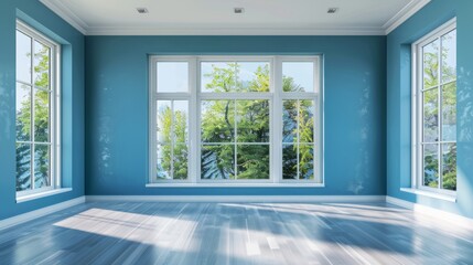 Empty blue living room with large windows generative ai