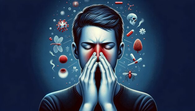 Allergic Reaction and Immune Response Medical Illustration. Anatomical depiction of a person experiencing an allergic reaction, with immune system elements and allergens.